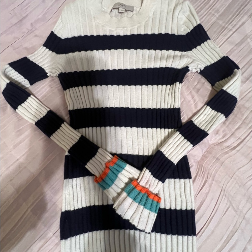 LOFT White & Navy Ribbed Stripe Sweater Dress with Teal & Orange Cuff Accents
